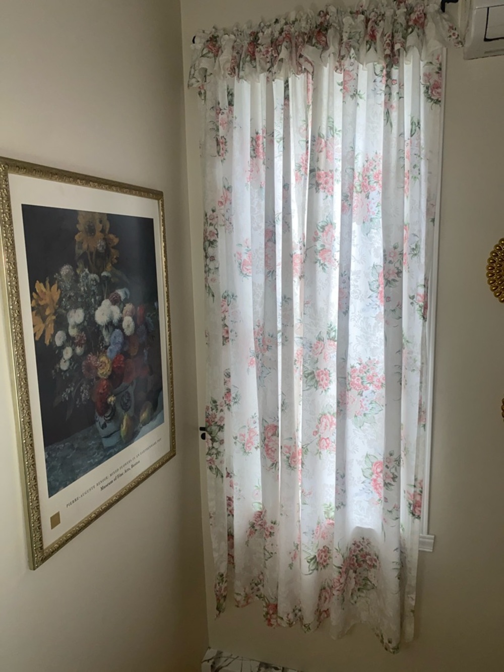 VINTAGE Romantic Shabby Chic Pink Floral pocket Rod Curtains w ruffle 71.5”x31”